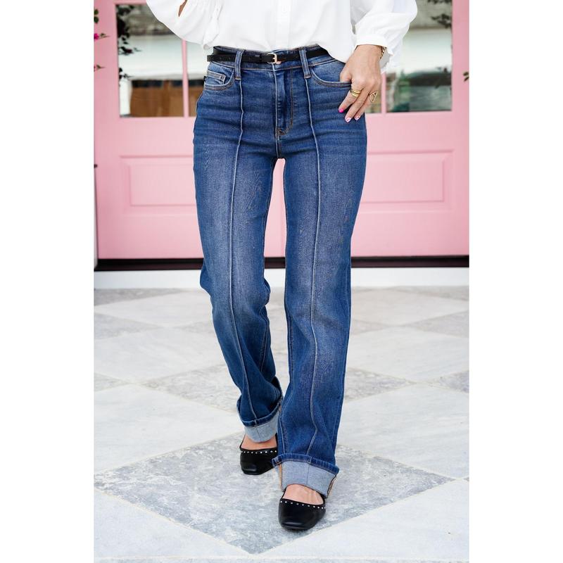 Judy Blue  Straight to the Heart High Rise Medium Wash Front Seam Cuffed Straight Leg Jeans