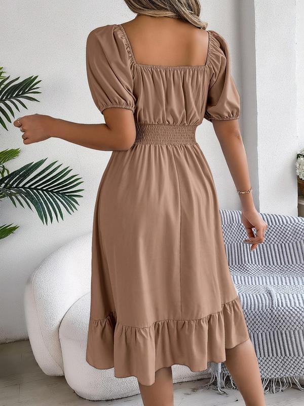 Women's Plain Ruffle Hem Shirred Puff Sleeve A Line Dress, Elegant Square Neck Short Sleeve Knee Length Dress for Summer, Summer Dresses, Women's Dress for Beach Holiday