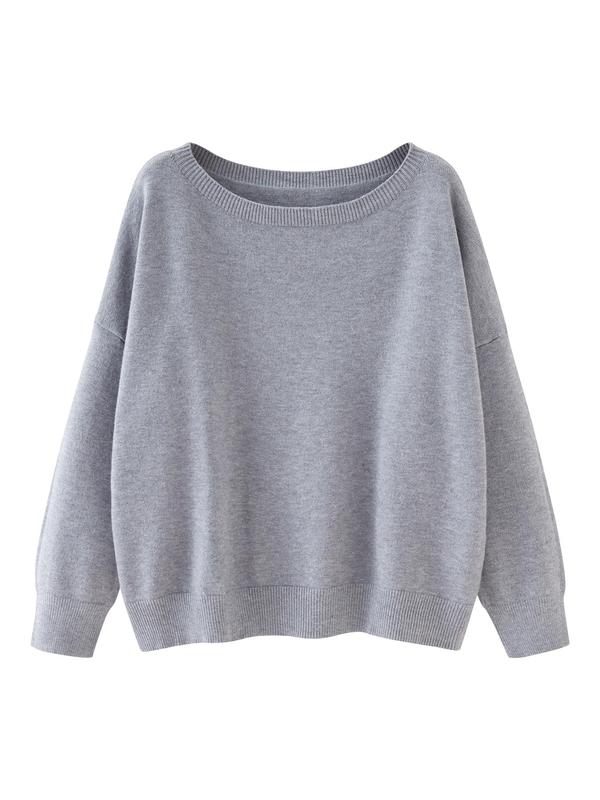 Women's Chic Plain Scoop Neck Knitted Long Sleeve Sweater, Lady Basic Comfort Drop Shoulder Crewneck Knitting Back To School Jumper, Fall Clothes, 2024 Knitwear Clothes, Womenswear, Fall Outfits, Earthtone Fallfreshness, Vintage Clothing