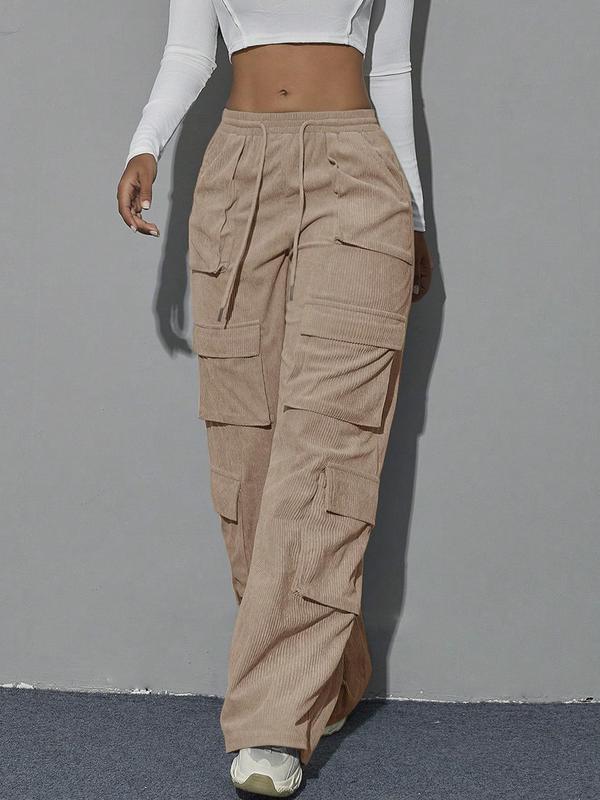 Women's Plain Drawstring Waist Cargo Pants, Casual Street Elastic Waist Multi-pocket Trousers for Daily Wear for Fall, Ladies Fall Bottoms, Downtown Girl Clothes, Fall Outfits