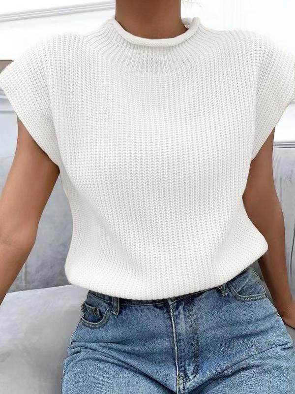 Women's Plain Roll Trim Mock Neck Sweater Vest, Casual Solid Sleeveless Knit Top for Spring & Fall, Clothes Women, Women's Knitwear for Daily Wear, Summer Outfits 2024