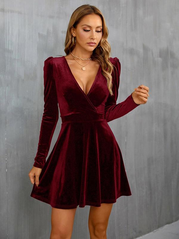 Women's Wrap Deep V Neck A Line Velvet Dress, Elegant Puff Sleeve Short Dress for Party Holiday Wedding Guest, Ladies Clothes for All Seasons