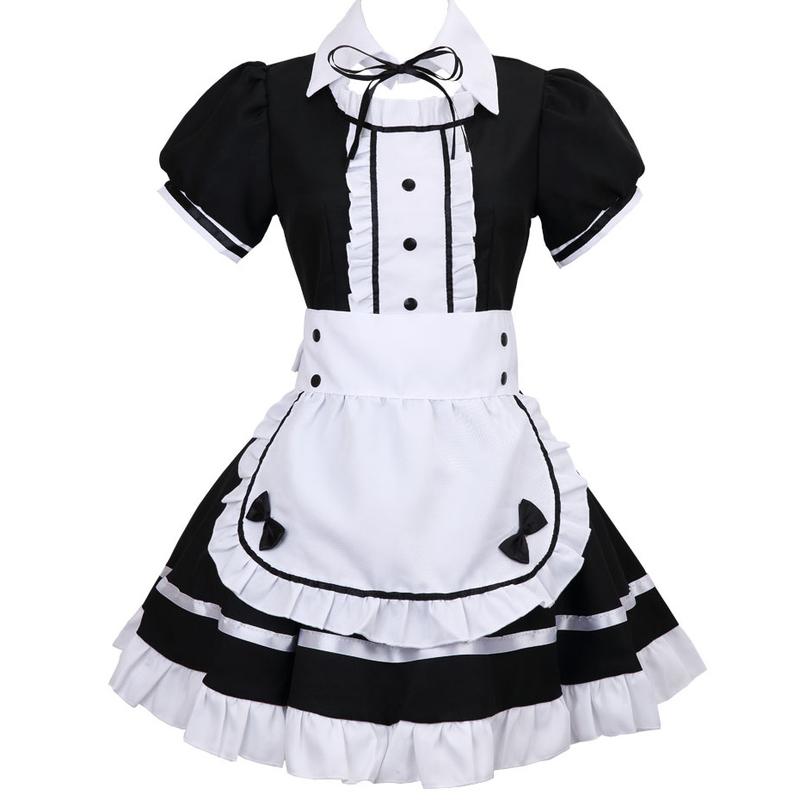 Women's Lolita French Maid Outfit Halloween Anime Costume with Apron Gloves Headband Socks 6 Pcs Set