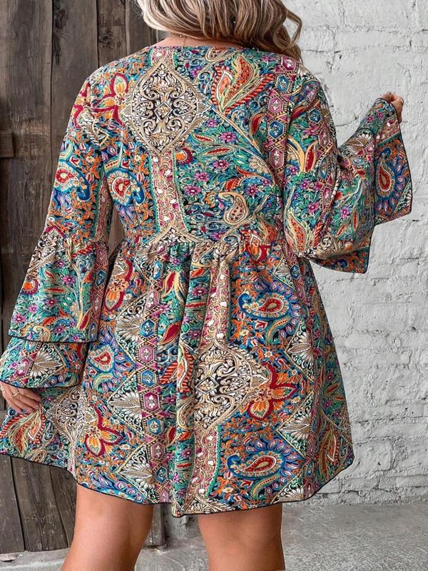  All Over Paisley Print Ruffle Trim Flounce Sleeve Dress, Boho Deep V Neck Long Sleeve A Line Dress for Vacation Holiday Wedding Guest, Women's Clothes for Fall & Winter, Dresses for Women Moo Moo Dresses