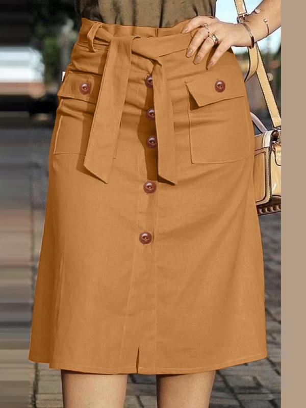 Women's Plain Button Front Belted Skirt, Casual Pocket Design Knee Length Skirt for Daily Wear, Ladies Bottoms for All Seasons