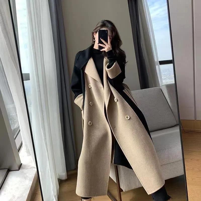 Hepburn style woolen coat for women long 2024 winter new style high-end temperament slim contrast color woolen coat for women