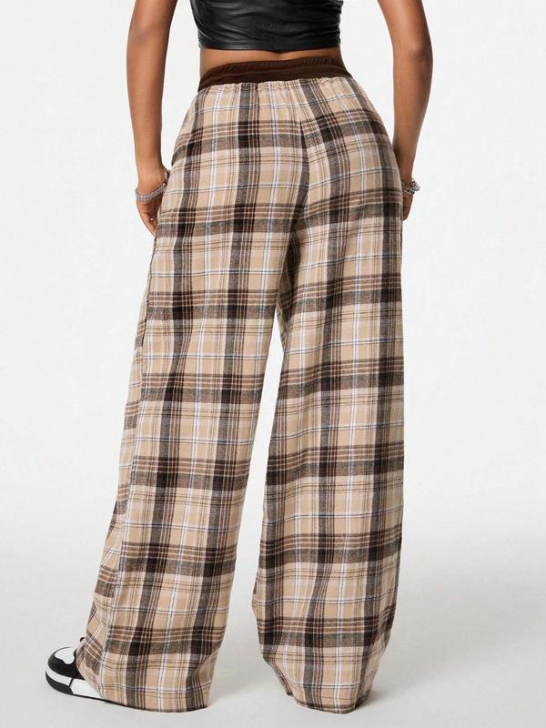 Women's Plaid Print Drawstring Waist Wide Leg Pants, Pants for Women, Going Out Bottoms, Casual Comfy Pocket Trousers for Spring & Fall, Women's Bottoms for Daily Wear, Downtown Girl Clothes, Preppy 80s Clothes