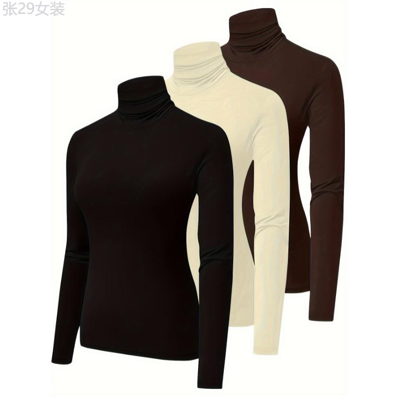 3pcs Plus Size Thermal Top, Solid Turtleneck Long Sleeve Slim Fit Underwear for Fall & Winter Fabric Womenswear