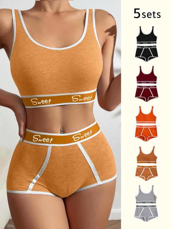 Women's 10pcs Letter Tape Wireless Bra & Contrast Binding Panty Shorts Set, Back To School Soft Comfy Breathable Lingerie Set for Daily Wear, Ladies Underwear Set for Fall