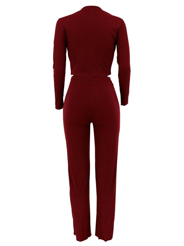 Women's Plain Button Front V Neck Top & Drawstring Waist Pants Set, Two Piece Sets, Fall 2 Piece Set Women Wear, Long Sleeve Top & Elastic Waist Trousers Co-ord Sets Downtown Girl Clothes