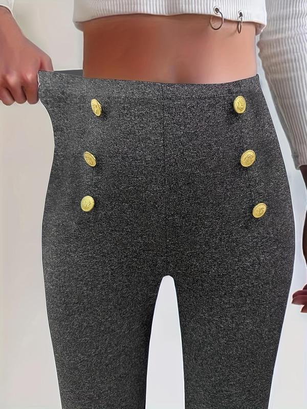 Women's Plain Fake Buttons High Waist Vintage Leggings, Casual Comfy Skinny Pants for Daily Wear, Women's Bottoms for Fall