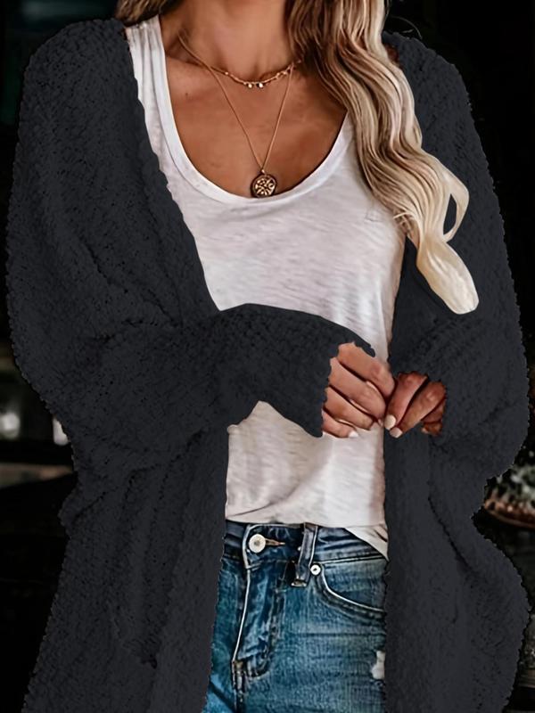 Women's Solid Pocket Batwing Sleeve Cardigan, Casual Long Sleeve Open Front Outerwear for Daily Wear, Ladies Clothes for All Seasons