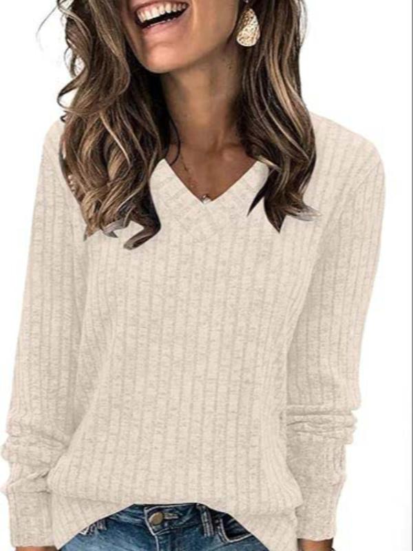 Women's Plain Drop Shoulder V Neck Tee, Casual Long Sleeve Top for Spring & Fall, T Shirts for Women, Fashion Women's Clothes for Daily Wear