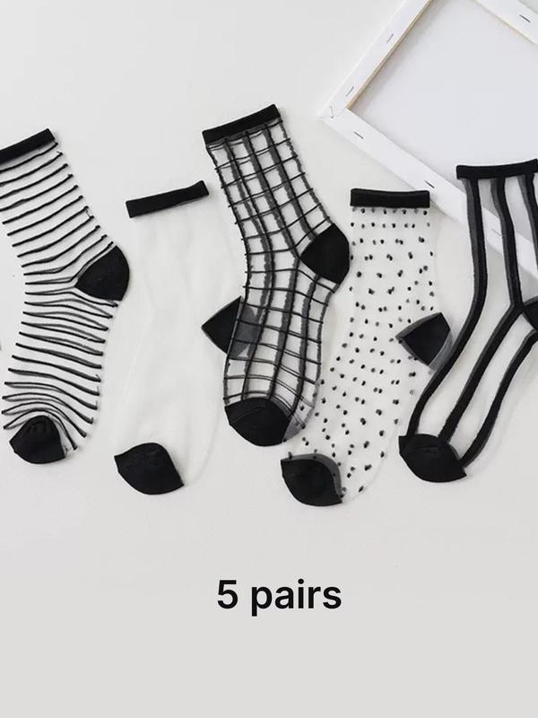 Women's Polka Dot & Striped Print Sheer Crew Socks, Fashion Casual Comfy Breathable Socks for Daily Outdoor Wear, Ladies Socks for All Seasons