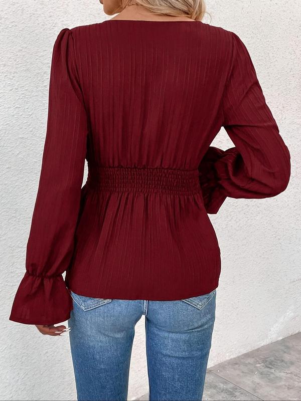 Women's Textured Flounce Sleeve Blouse, Casual Solid Square Neck Top for Spring & Fall, Women's Clothing for Daily Wear