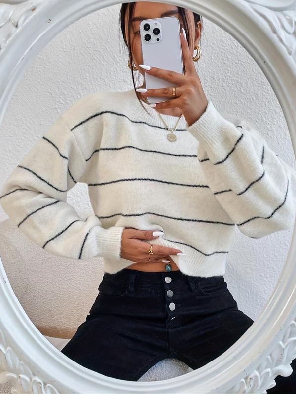 Women's Striped Print Drop Shoulder Sweater, Casual Long Sleeve Round Neck Jumper for Spring & Fall, Fashion Women's Knitwear for Daily Wear,  Fall Clothes