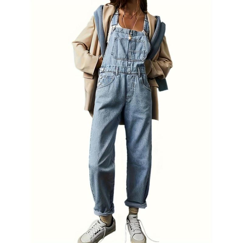 Women's Fashion Denim Overalls, Casual Style, Non-Stretch, Relaxed Fit - Classic Blue Jean Jumpsuit Dungarees With Pockets For Fall Polyester Womenswear