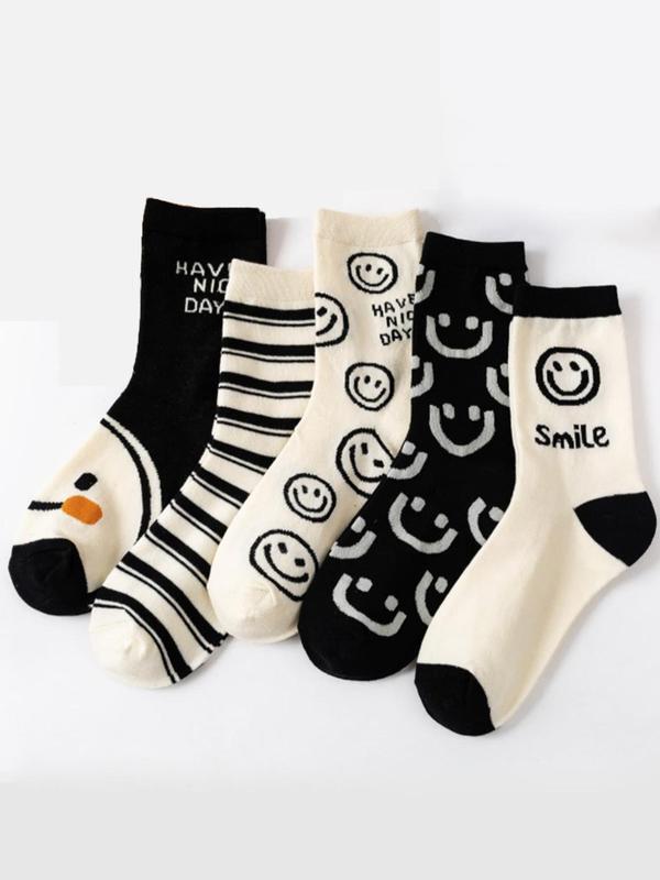 Women's 5 Pairs Cartoon Face & Striped Print Crew Socks, Casual Comfortable Breathable Socks For Daily Wear, Stocking Ideas, Women's Socks For Spring Fall