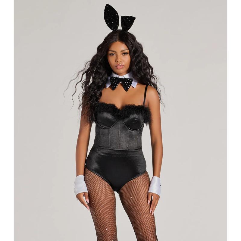 Bunny Bombshell Feather Trim Corset Bodysuit