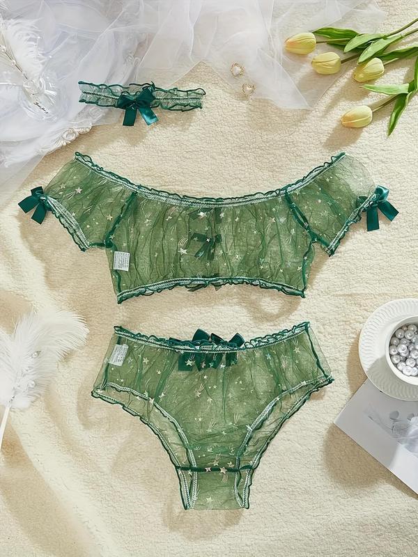 Women's Star Print Sheer Tulle Sexy Lingerie Three-piece Set, Romantic Lettuce Trim Bra & Ruched Panty & Bow Decor Choker Set, Lingerie Set for Women