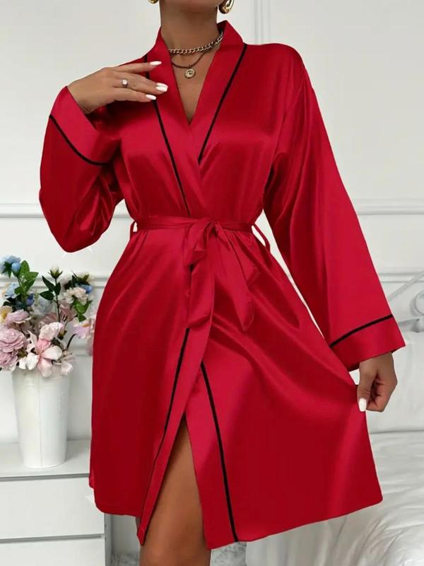 Women's Contrast Binding Belted Kimono Robe, Princess Robe, Ice Silk Dressing Gown for Women, Girly Clothes, Bride's Robe for Honeymoon Wedding Bridal Party, Women's Sleepwear