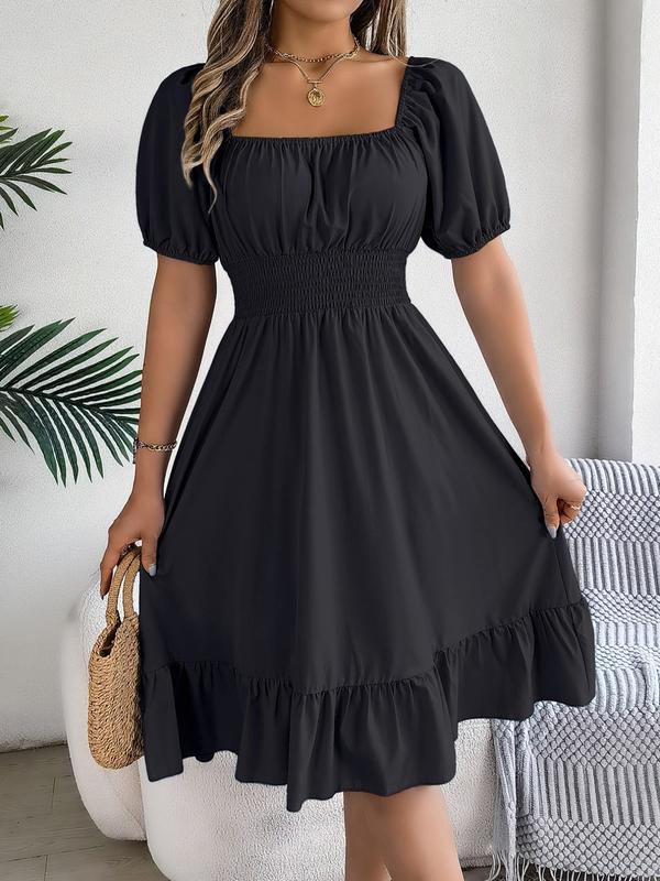 Women's Plain Ruffle Hem Shirred Puff Sleeve A Line Dress, Elegant Square Neck Short Sleeve Knee Length Dress for Summer, Summer Dresses, Women's Dress for Beach Holiday