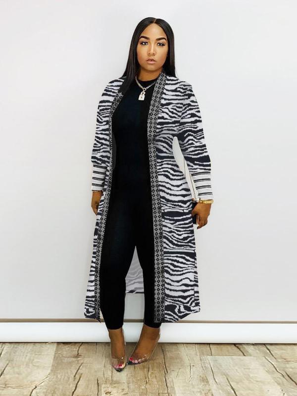 Women's Leopard & Zebra Stripe Print Open Front Long Coat, Casual Long Sleeve Outerwear for Spring & Fall,  Coats for Women, Ladies Clothes for Daily Wear