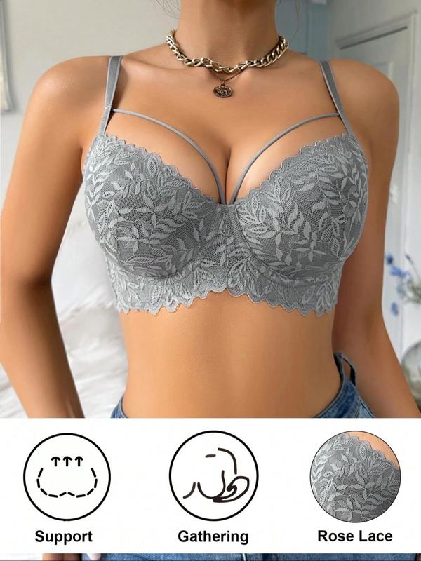 Women's Solid Color Push Up Bra, Comfortable Breathable Lace Bra, Soft Lingerie for Daily Wear, Women's Lingerie for All Seasons