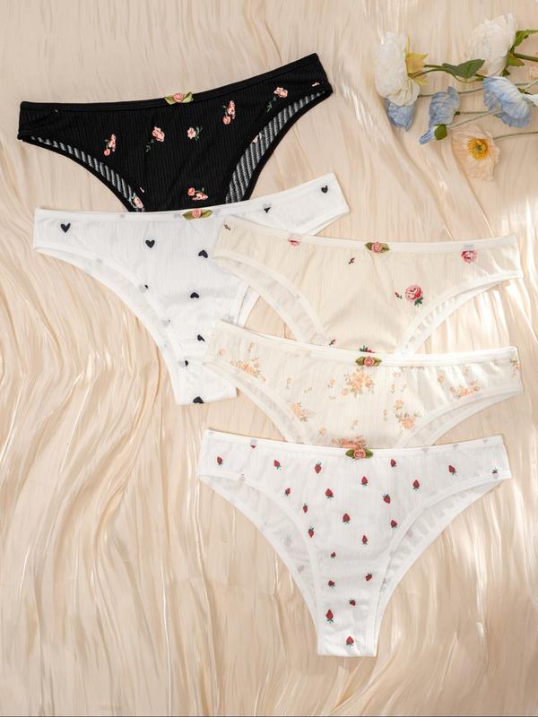 Women's 5pcs Heart & Cherry Print Flowers Decor High Waist Knicker, Soft Comfy Breathable Panty for Daily Wear, Underwear for All Seasons