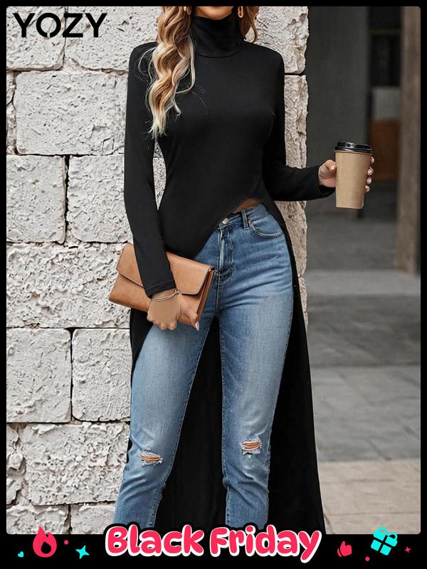 YOZY Women's Plain Split Thigh High Neck Tee, Casual Long Sleeve T-shirt for Spring & Fall, Women's Clothing for Daily Wear