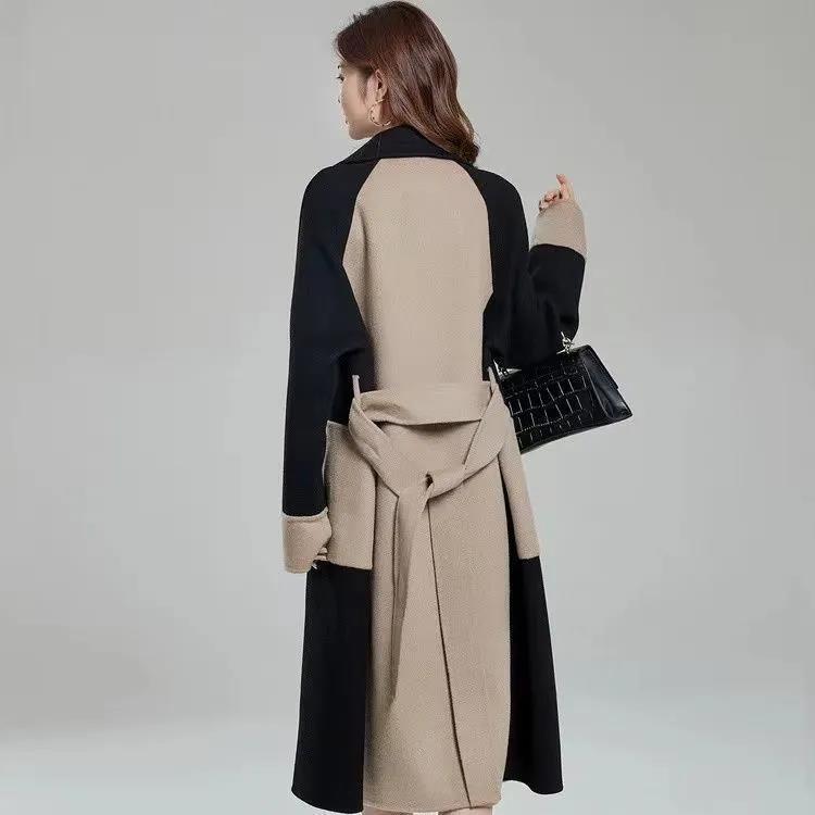 Hepburn style woolen coat for women long 2024 winter new style high-end temperament slim contrast color woolen coat for women