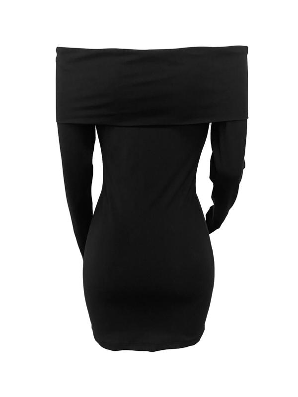 Women's Plain Fold Over Off Shoulder Bodycon Dress, Fashion Long Sleeve Mini Dress for Party Club Dating Wear, Birthday Dresses 2024, Women Dress for Fall & Winter, Downtown Girl Clothes