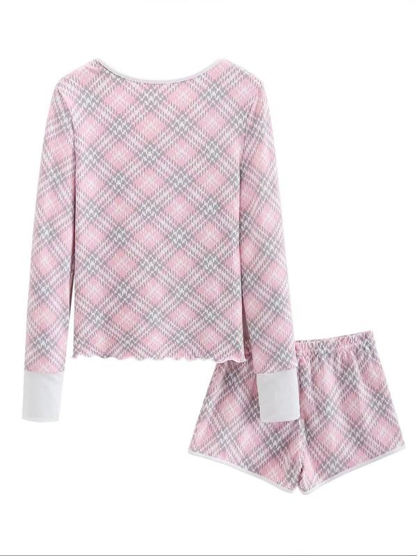 Two-Piece Set Women's Plaid Print Button Front Top & Shorts Pajama Set, Casual Comfy Long Sleeve Tee & Shorts PJ Set, Ladies Sleepwear for All Seasons