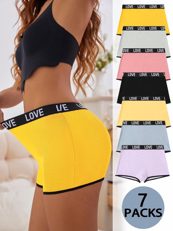 Lgbtq+ Women's 7pcs Letter Tape Contrast Binding Ribbed Boxer Brief,  Underwear for Women, Summer Wear 2024, Soft Comfy Breathable Panty for Daily Wear, Underwear for All Seasons