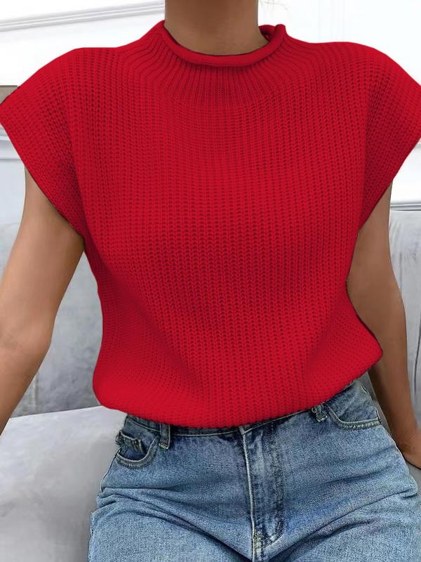 Women's Plain Roll Trim Mock Neck Sweater Vest, Casual Solid Sleeveless Knit Top for Spring & Fall, Clothes Women, Women's Knitwear for Daily Wear, Summer Outfits 2024