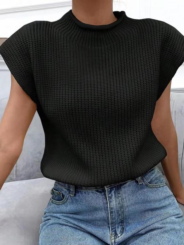 Women's Plain Roll Trim Mock Neck Sweater Vest, Casual Solid Sleeveless Knit Top for Spring & Fall, Clothes Women, Women's Knitwear for Daily Wear, Summer Outfits 2024