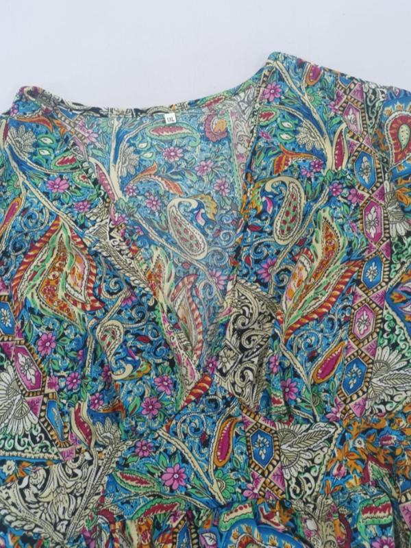  All Over Paisley Print Ruffle Trim Flounce Sleeve Dress, Boho Deep V Neck Long Sleeve A Line Dress for Vacation Holiday Wedding Guest, Women's Clothes for Fall & Winter, Dresses for Women Moo Moo Dresses