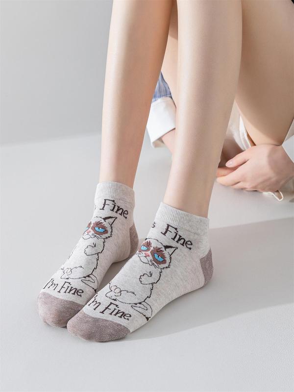 Women's 5 Pairs Cartoon Cat & Letter Print Colorblock Ankle Socks, Cute Comfortable Breathable Low Cut Socks for Daily Wear, Ladies Socks for Spring & Fall