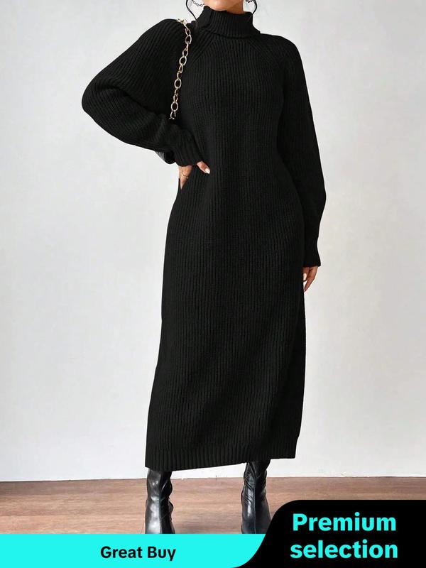 Women's Solid Raglan Sleeve Turtle Neck Sweater Dress, Casual Long Sleeve Jumper Dress for Fall & Winter, Women's Knitwear for Daily Wear