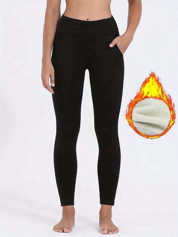 Women's Solid Pocket Thermal Lined Leggings, Casual Comfy Warm Skinny Pants for Daily Wear, Ladies Bottoms for Winter