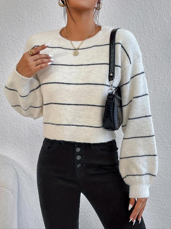 Women's Striped Print Drop Shoulder Sweater, Casual Long Sleeve Round Neck Jumper for Spring & Fall, Fashion Women's Knitwear for Daily Wear,  Fall Clothes