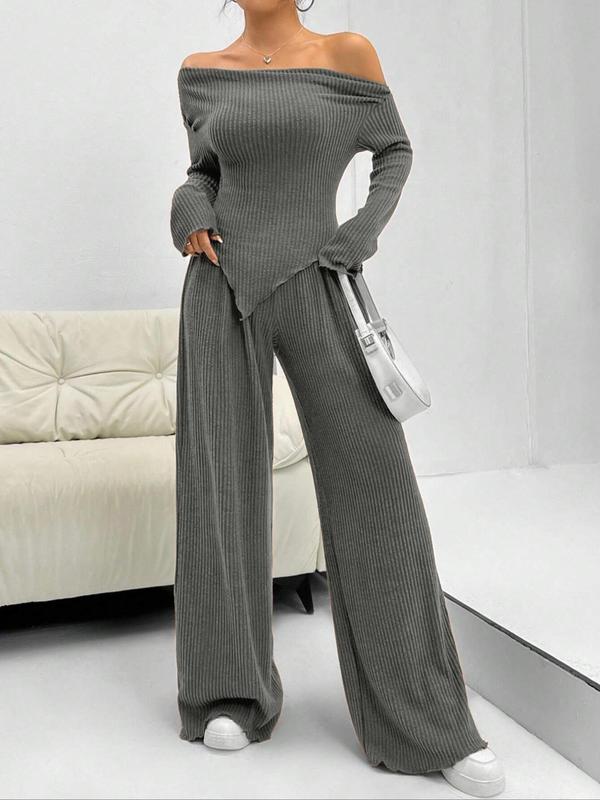 Women's Solid Off Shoulder Asymmetrical Tee & Elastic Waist Pants Two-piece Set, Casual Fashion Cozy Long Sleeve Ribbed Top & Lettuce Trim Trousers for Daily Outdoor Wear, Matching Sets, Women's 2 Piece Co Ord Sets for Spring & Fall