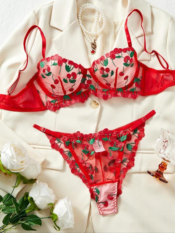 Women's Cherry Embroidery Sheer Bra & Thong Sexy Lingerie Set, Adjustable Strap Push Up Bra & Panty, Lingerie Set for Women