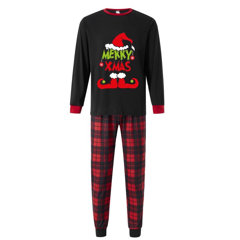 Christmas Pajamas For Family Christmas Family Pajamas Matching Set, Long Sleeve Letters Print T-shirt with Plaid Pants Sleepwear Loungewear