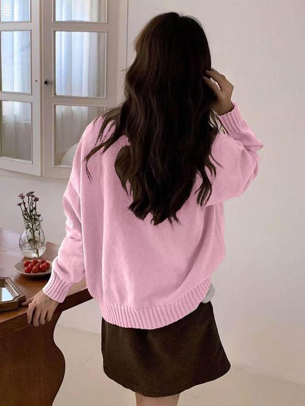 Women's Solid Drop Shoulder Sweater, Casual Long Sleeve Round Neck Jumper for Fall & Winter, Fashion Ladies' Knitwear for Daily Wear