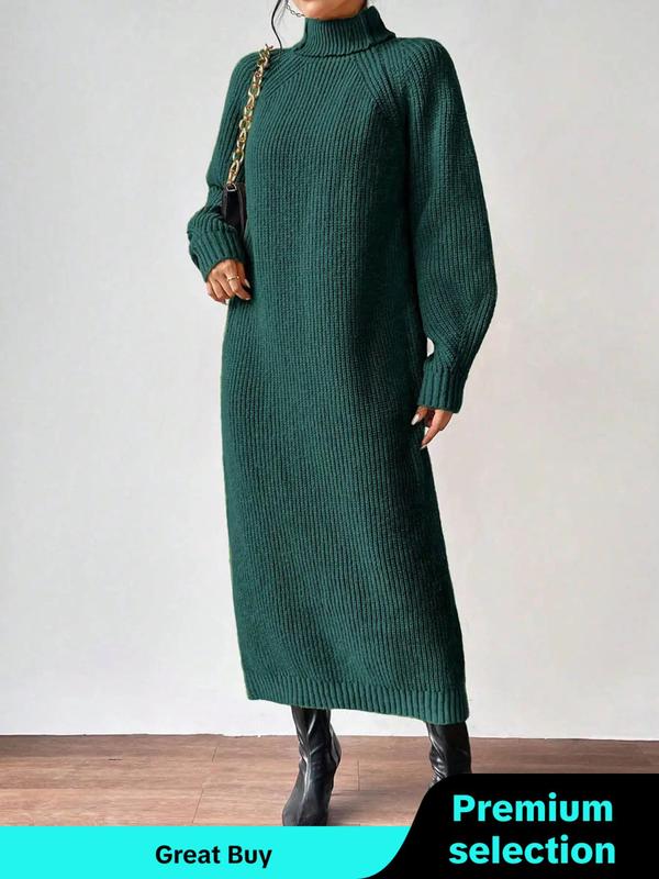 Women's Solid Raglan Sleeve Turtle Neck Sweater Dress, Casual Long Sleeve Jumper Dress for Fall & Winter, Women's Knitwear for Daily Wear