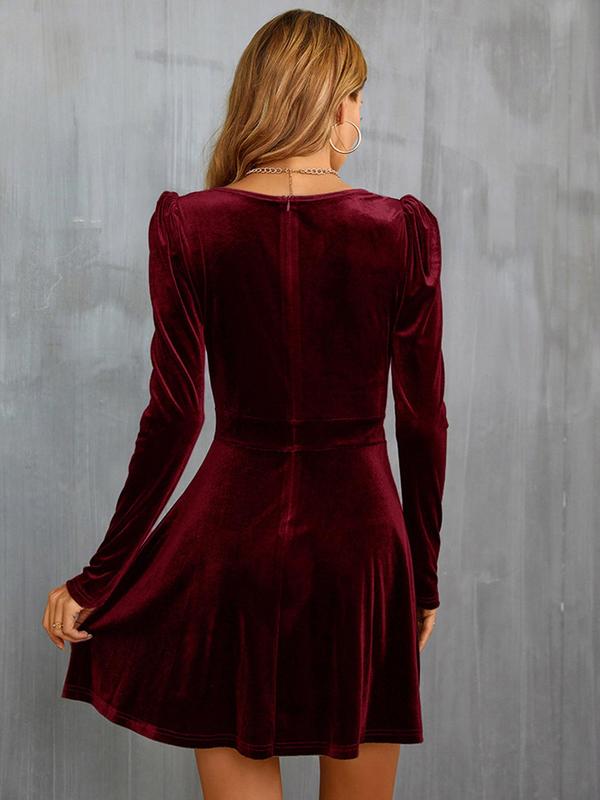 Women's Wrap Deep V Neck A Line Velvet Dress, Elegant Puff Sleeve Short Dress for Party Holiday Wedding Guest, Ladies Clothes for All Seasons