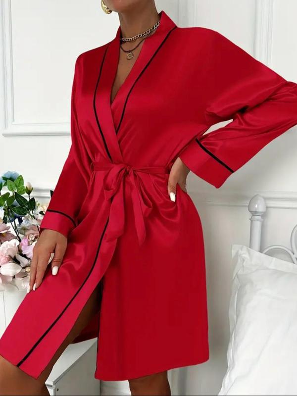 Women's Contrast Binding Belted Kimono Robe, Princess Robe, Ice Silk Dressing Gown for Women, Girly Clothes, Bride's Robe for Honeymoon Wedding Bridal Party, Women's Sleepwear