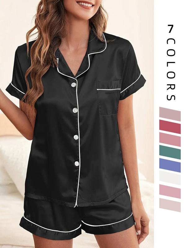 Two Four Six Counts Women's Satin Pyjama Lounge Co-ord Set, Lapel Collar Button Front Pocket Blouse & Contrast Binding Elastic Waist Pj Shorts Pajama Set, Lady Homewear for Summer, Back To School Wear Black Girl Wear