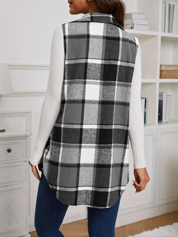 Women's Plaid Print Button Front Fake Pocket Design Vest Coat, Casual Sleeveless Collared Outerwear for Outdoor Sports, Ladies Sportswear for All Seasons